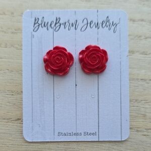 Handmade Red Rose Floral Stud Earrings